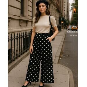 Vintage Neiman Marcus Farinae Black White Polka Dot Wide Leg Pants Women Size 12